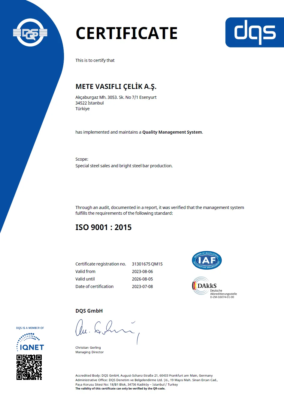 MeteSteel ISO 9001 Certificate