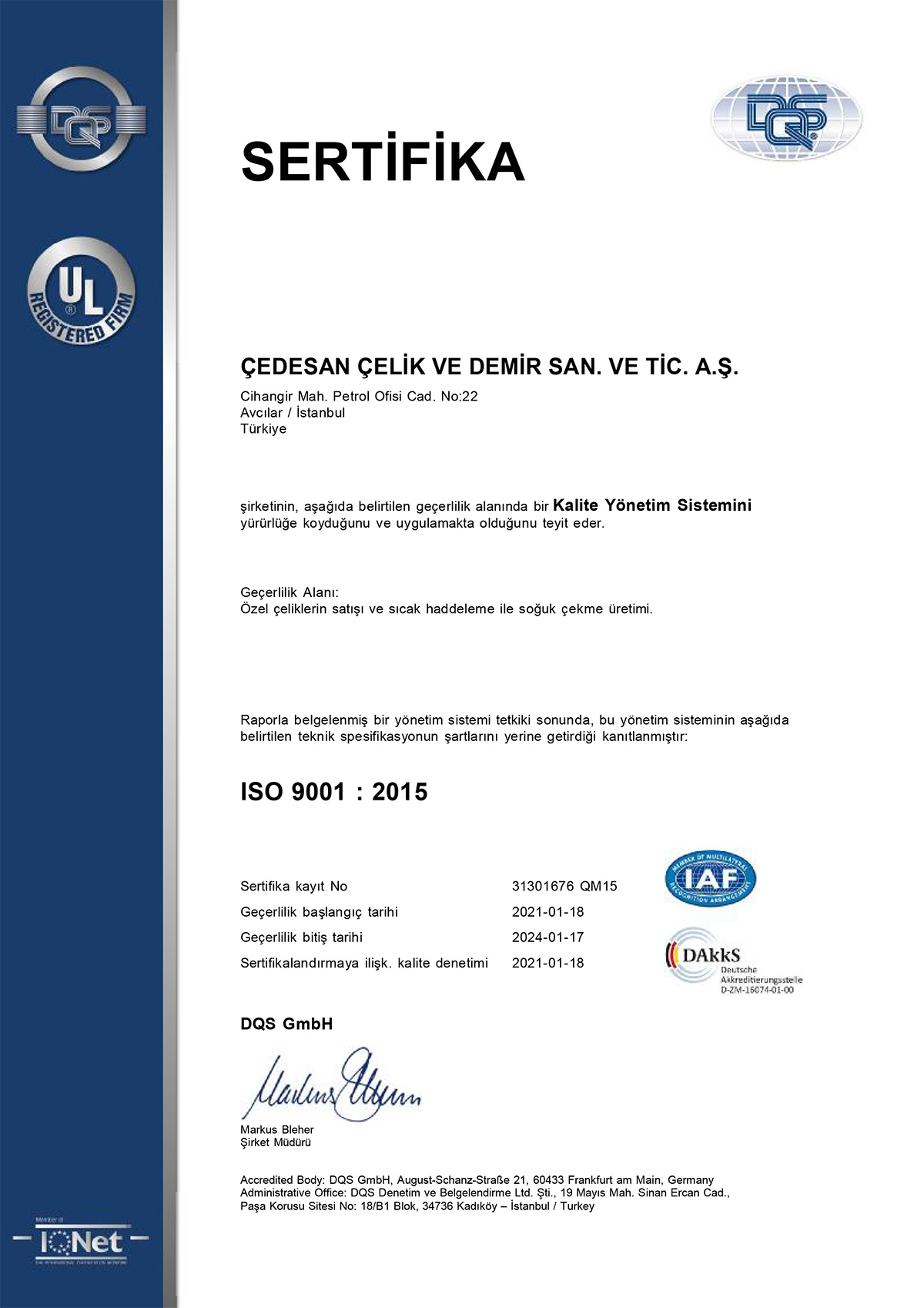 Çedesan ISO 9001 Sertifikası